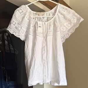 LOFT White Button-Down Blouse with Lace Accents